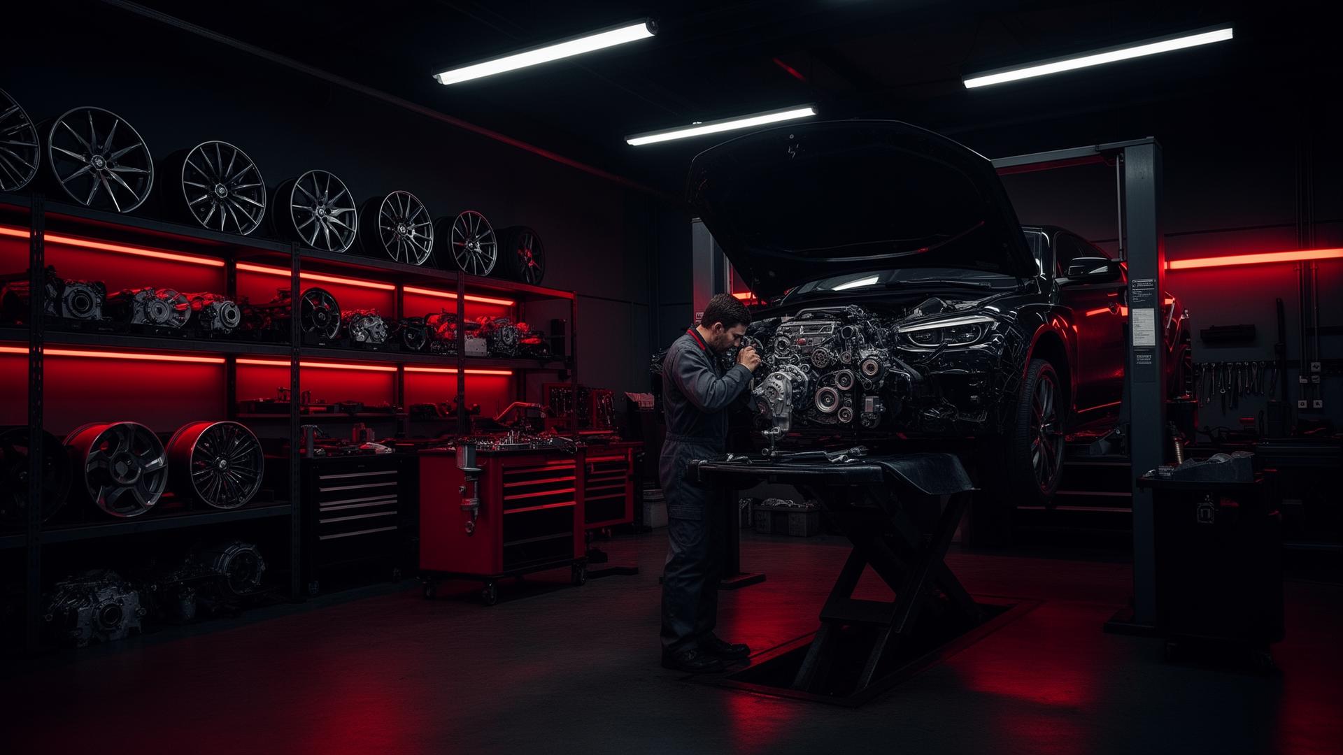Oficina mecânica moderna com peças automotivas
